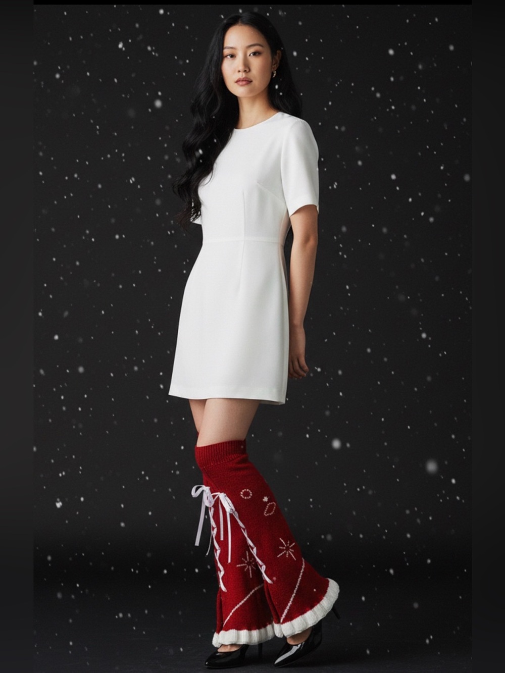 Red Lace-Up Knee-High Knit Leg Warmers with White Ribbon - Picture 2 of 10